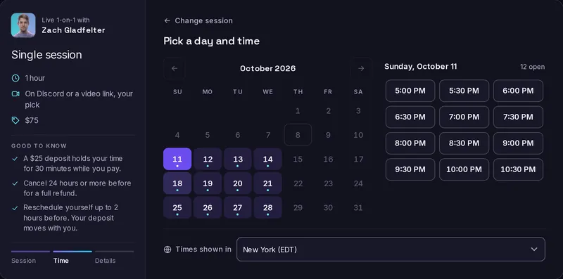 Screenshot of the zachg.me booking calendar with open evening times on a Sunday