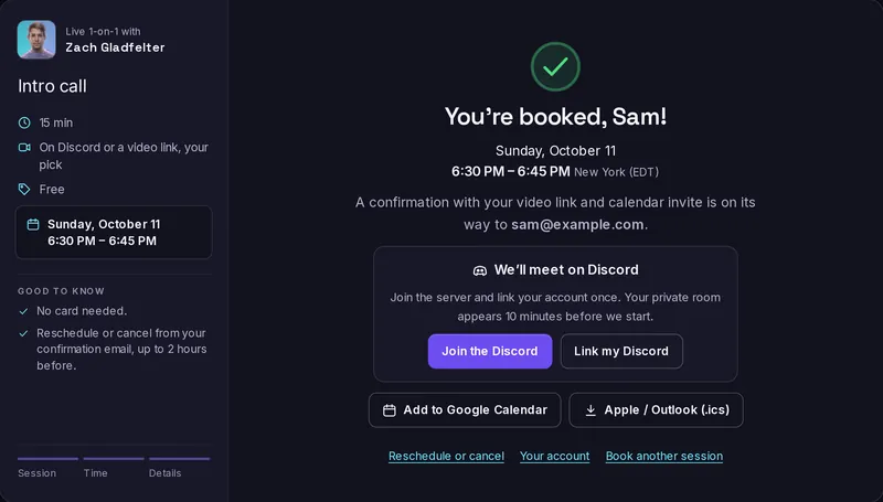 Screenshot of the booking confirmation: date, time and a card explaining the private Discord room