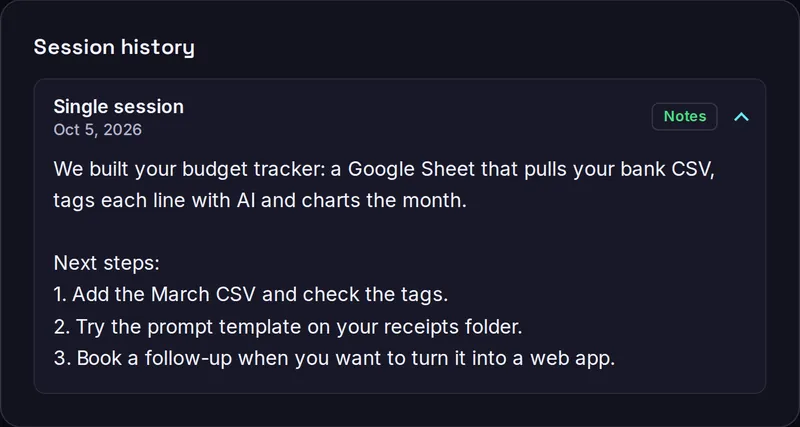 Screenshot of the account page showing session notes with numbered next steps